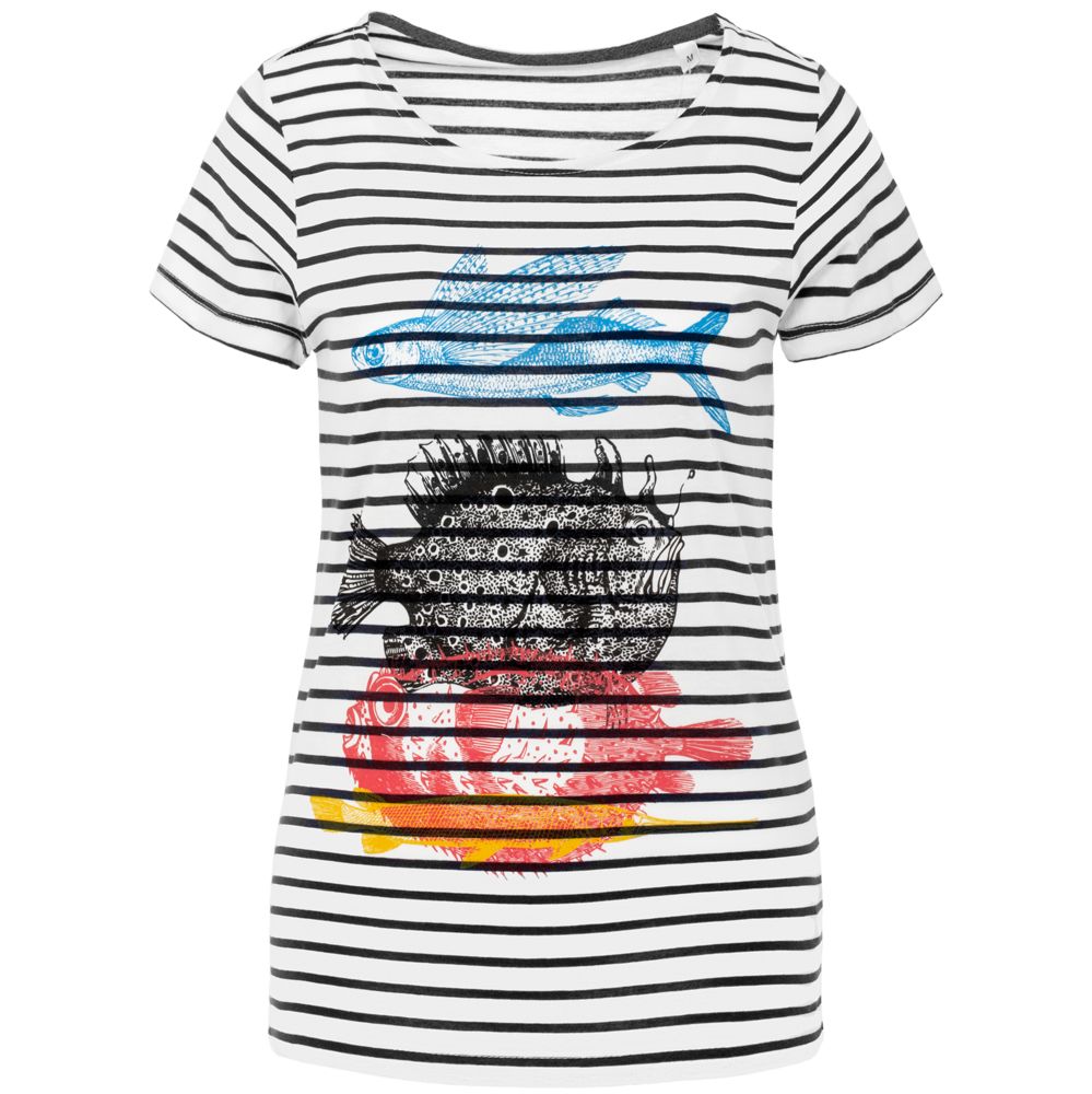 Футболка женская «Морские обитатели», белая с темно-синим с логотипом