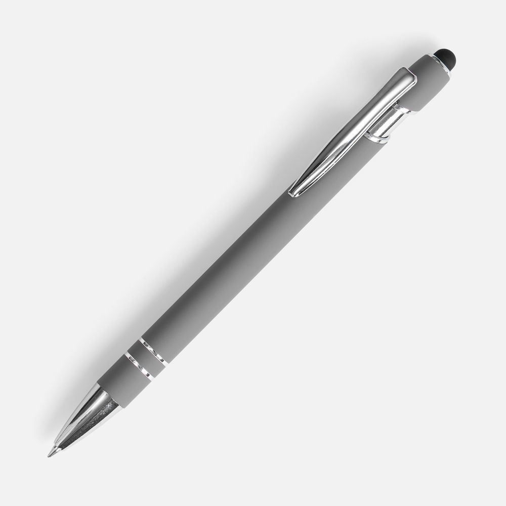 Ручка шариковая Pointer Soft Touch со стилусом, серая с логотипом