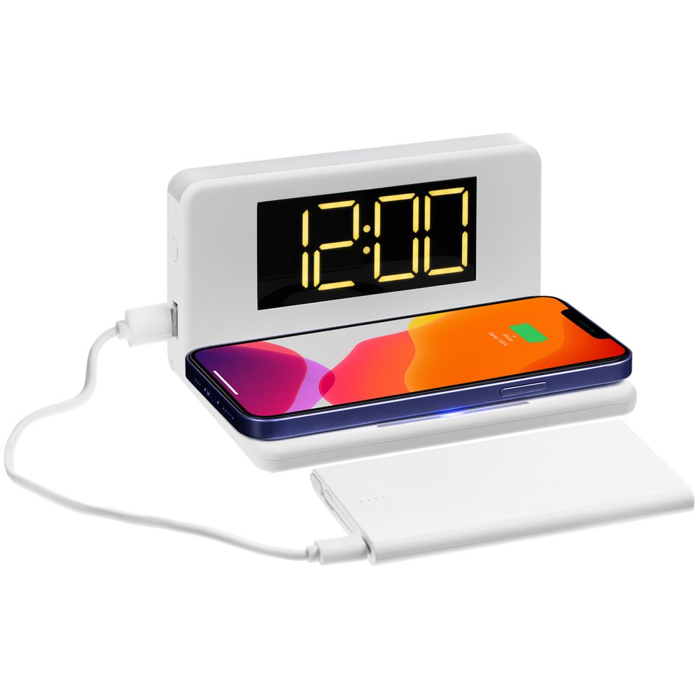 Часы настольные с беспроводным зарядным устройством Pitstop, белые с логотипом
