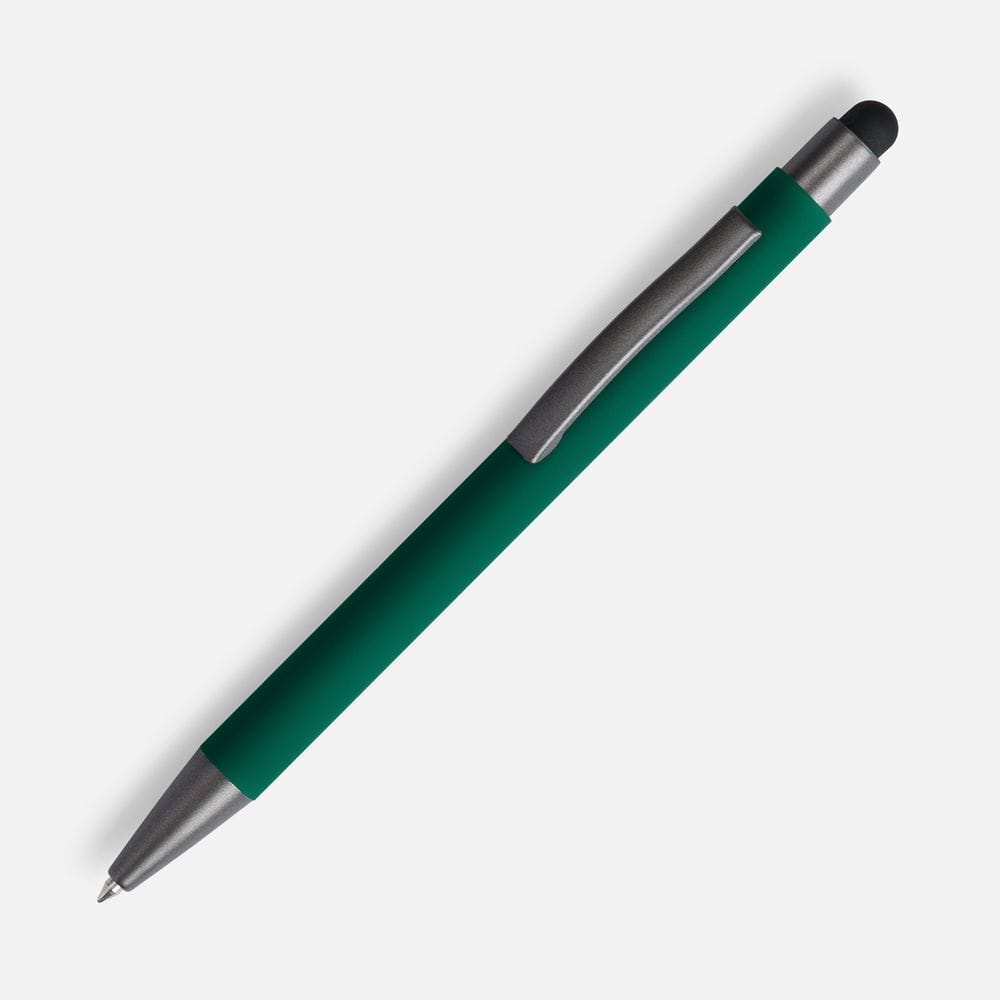 Ручка шариковая Atento Soft Touch со стилусом, зеленая с логотипом