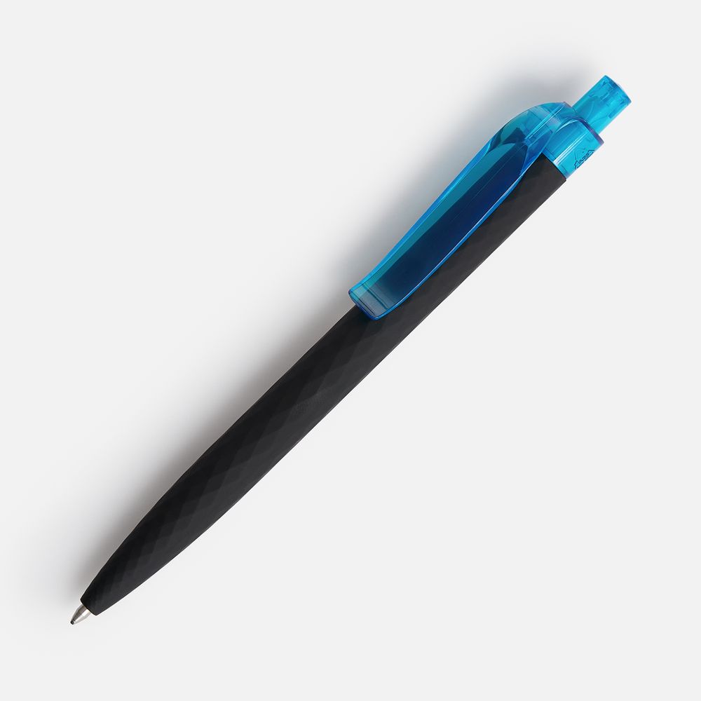 Ручка шариковая Prodir QS01 PRT-T Soft Touch, черная с голубым с логотипом