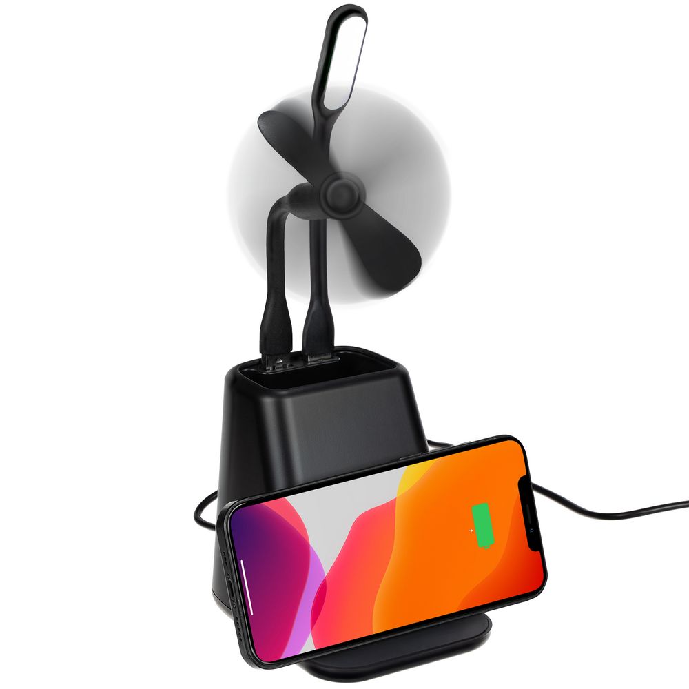 Настольный органайзер с зарядкой, лампой, вентилятором и подсветкой логотипа powerTower, черный с логотипом