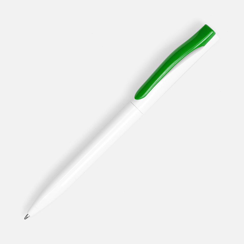 Ручка шариковая Pin, белая с зеленым с логотипом