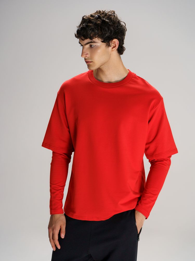 Футболка оверсайз с двойным рукавом Kosmos, красная с логотипом