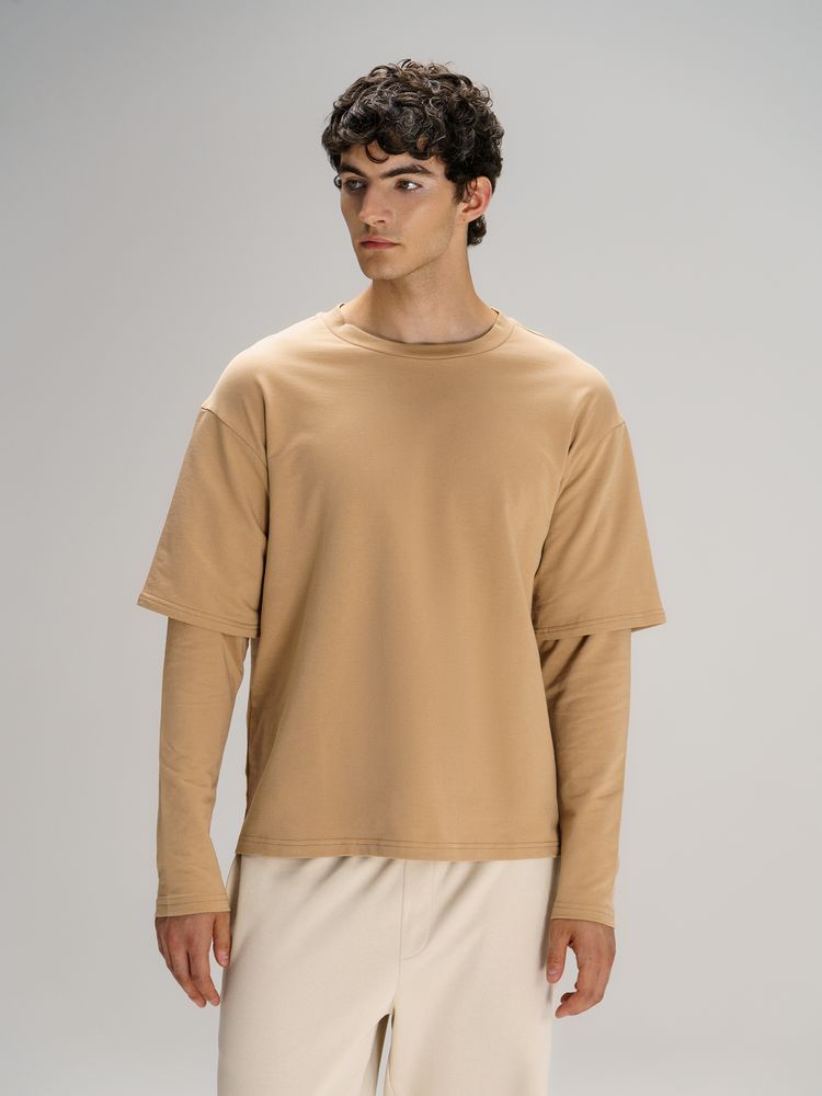 Футболка оверсайз с двойным рукавом Kosmos, бежевая с логотипом