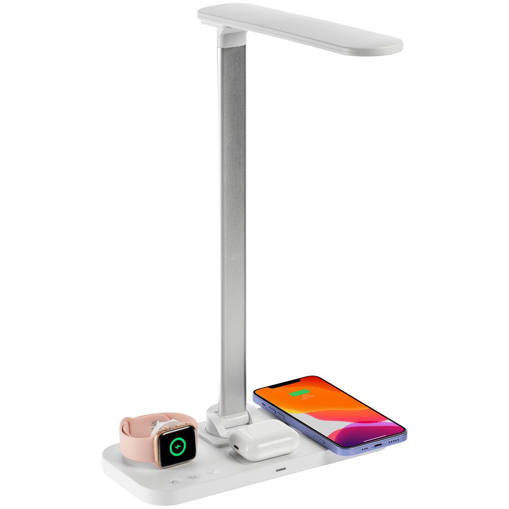 Настольная лампа с беспроводной зарядкой Power Light, белая с логотипом