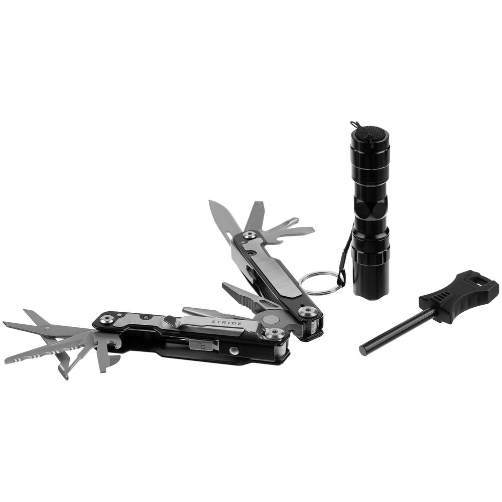 Набор Forster: мультиинструмент, фонарик, огниво, черный с логотипом