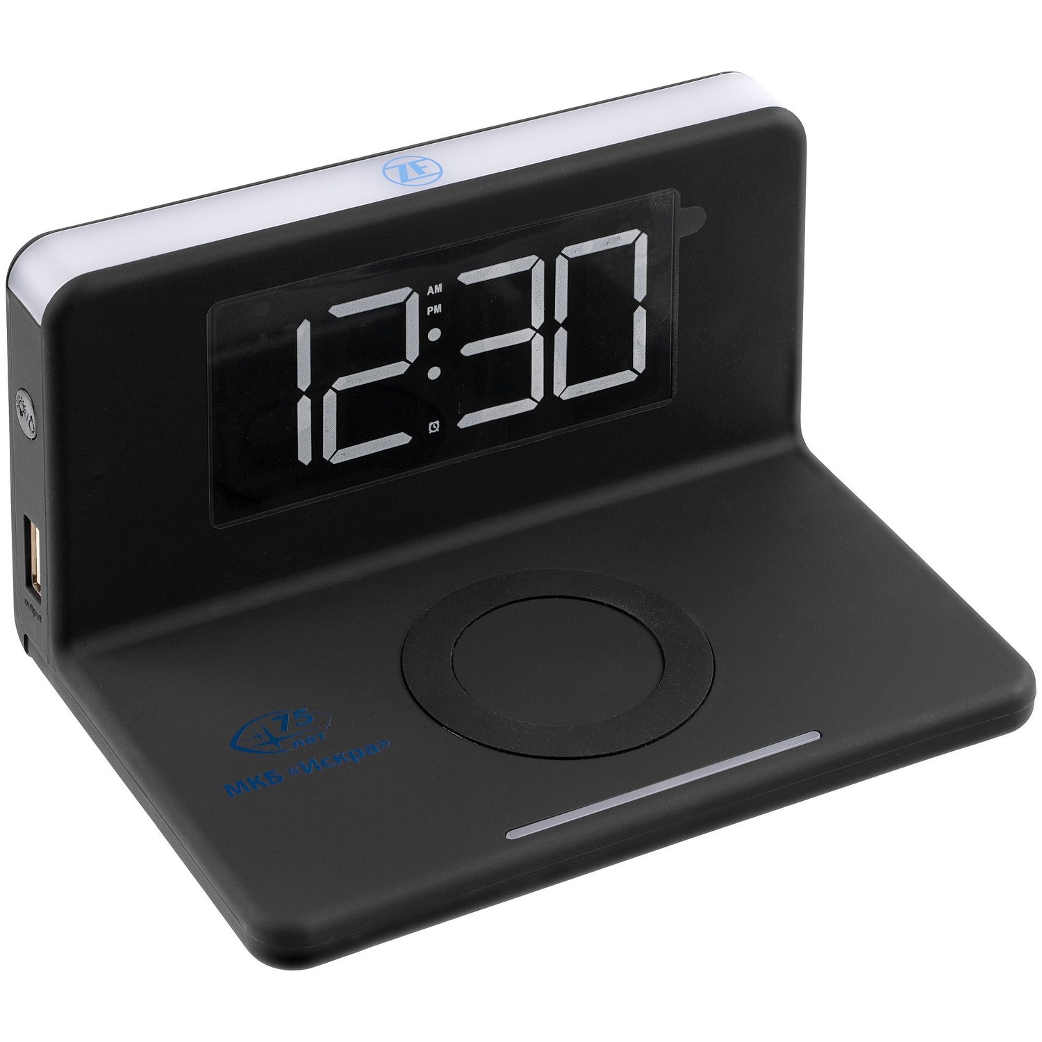 Часы настольные с беспроводным зарядным устройством Pitstop, черные с логотипом