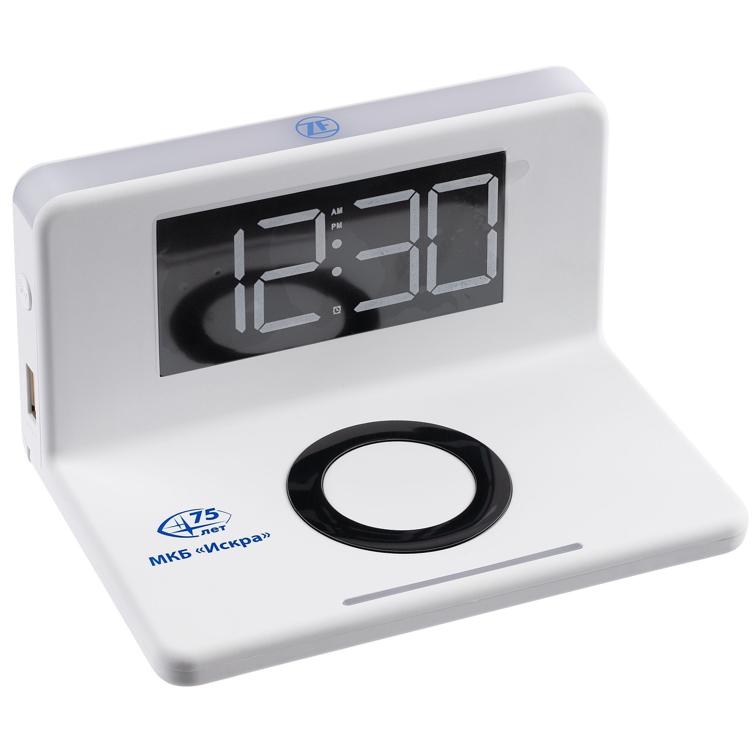 Часы настольные с беспроводным зарядным устройством Pitstop, белые с логотипом