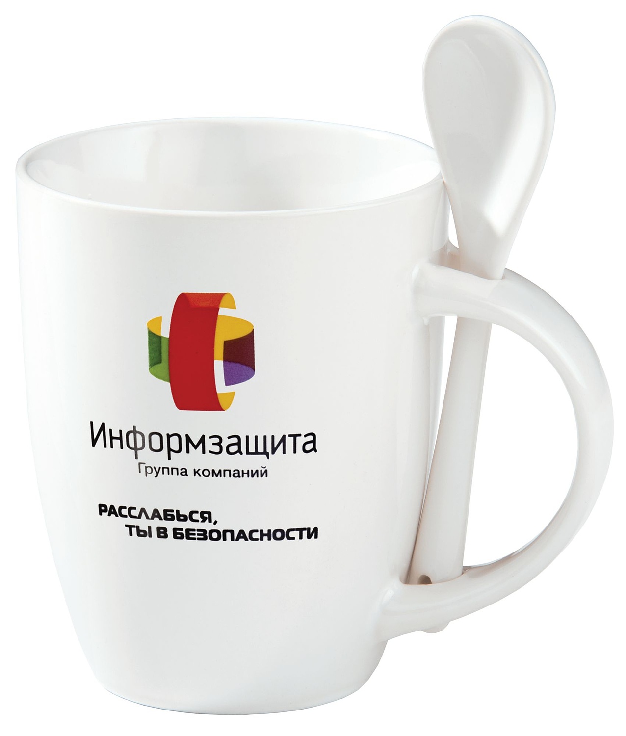 Кружка с ложкой Cheer Up, белая с белой с логотипом