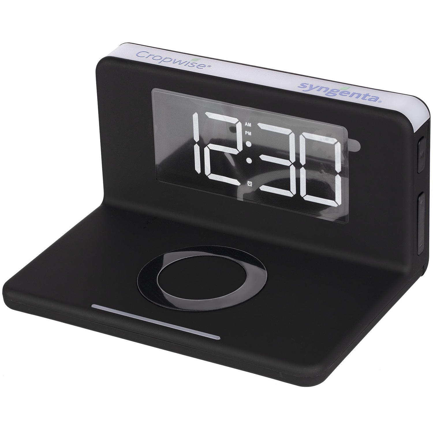 Часы настольные с беспроводным зарядным устройством Pitstop, черные с логотипом