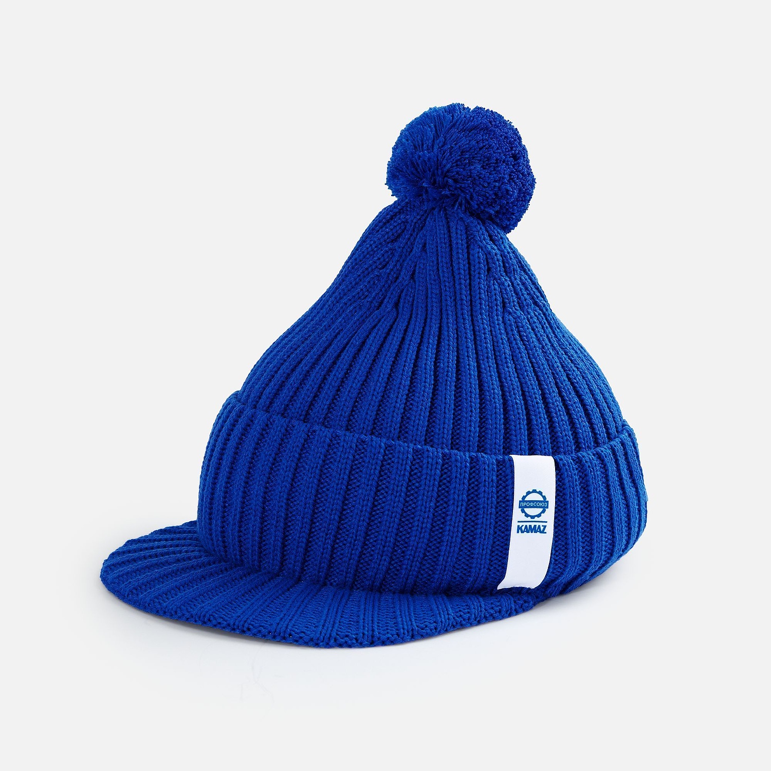 Вязаная шапка с козырьком Peaky, синяя (василек) с логотипом
